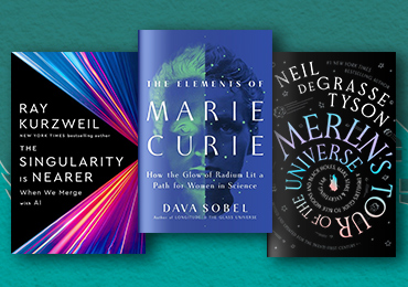 Science books including The Elements of Marie Curie, The Singularity is Nearer, and Merlin's Tour of the Universe