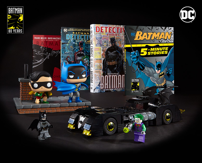 Products featured: 9780593123522 Batman 5-Minute Stories (DC Batman); 9781401285388 Detective Comics 80 Years; 9781401207526 Batman Year One Deluxe; 9781401294199 Detective Comics #1000; 0889698372565 POP Comic Moment: Batman 80th - 1964 New Look Batman; 0673419302791 LEGO Super Heroes Batman - Batmobile: Pursuit of The Joker 76119