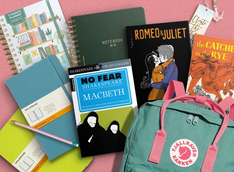 Featured items: Fjallraven Kånken Backpack Frost Green and Peach Pink;  2023 Book Lover Deluxe Compact Flexi Planner;  Designworks Textured Paper Twin Wire Notebook No. 2 - Pacific Forest 6 x 8.25;  Moleskine Classic Notebook, Large, Ruled, Blue Reef, Hard Cover (5 x 8.25);  Romeo and Juliet (No Fear Shakespeare Graphic Novels);  Macbeth (No Fear Shakespeare);  The Catcher in the Rye