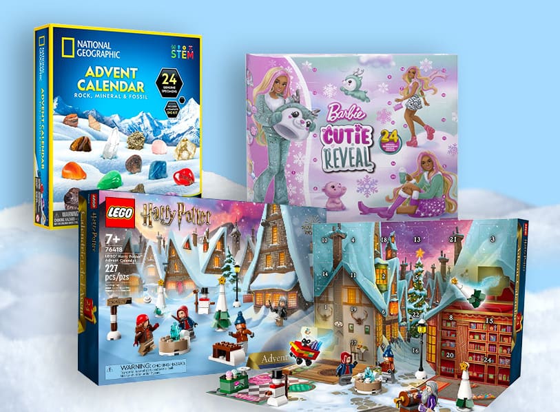 Featured titles: LEGO Harry Potter Advent Calendar 2023; Barbie Cutie Reveal Advent Calendar; National Geographic Rock, Mineral & Fossil Advent Calendar