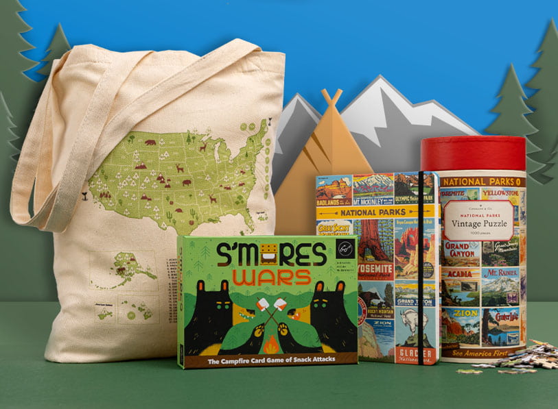 Featured items:  National Parks Tote Bag; Camping Vintage Pouch; Cavallini & Co - National Parks 1,000 Piece Jigsaw Puzzle; Gone Hiking Candle; America the Beautiful?