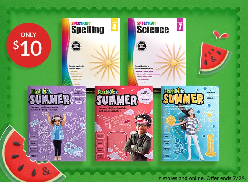 Featured titles: Flash Kids Summer: Kindergarten; Spectrum Spelling, Grade 4; Flash Kids Summer: 3rd Grade; Spectrum Science, Grade 7; Flash Kids Summer: 5th Grade