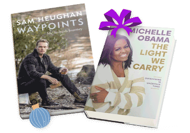 Book covers: Waypoints by Sam Heughan; The Light We Carry by Michelle Obama