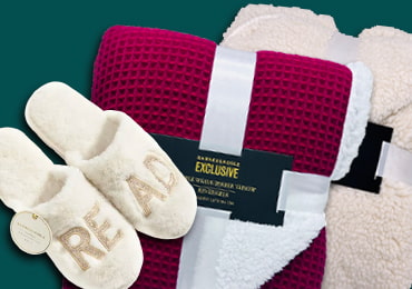 Featured product including slippers and throw blanket