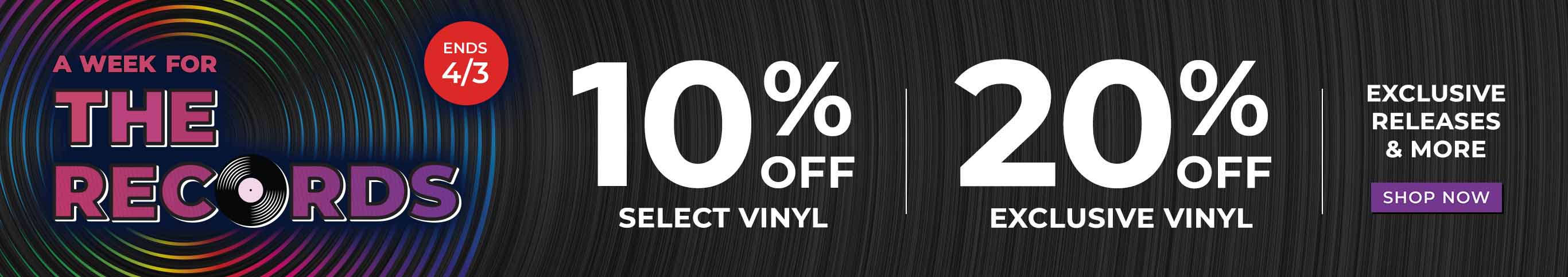 A Week for the Records: 10% Off Select Vinyl | 20% Off Exclusive Vinyl | Exclusive Releases & More. Ends 4/3. Shop Now