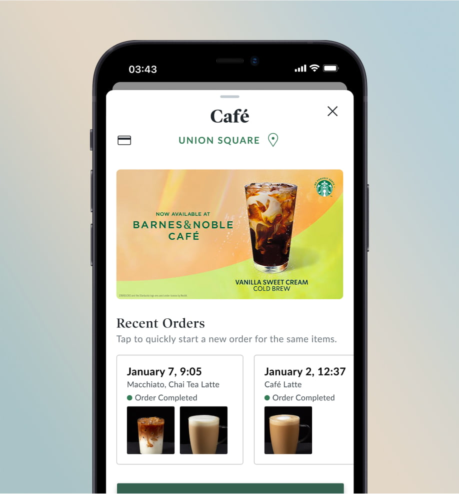 App screen shot of the cafe page