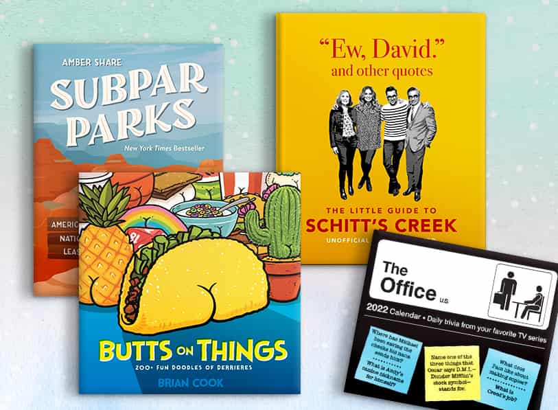 Featured titles including Butts on Things, Subpar Parks, The Office Calendar, and The Little Guide to Schitt's Creek