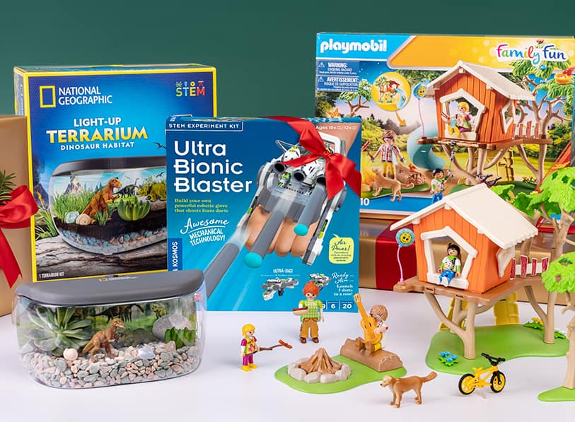 National Geographic Light-Up Terrarium; Ultra Bionic Blaster; playmobil Family Fun Play Set