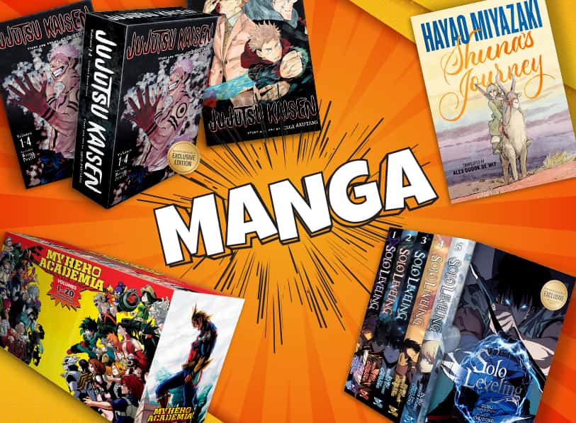Featured Manga including My Academia Box Set, JuJutsuKaisen, Shuna's Journey, and Solo Leveling