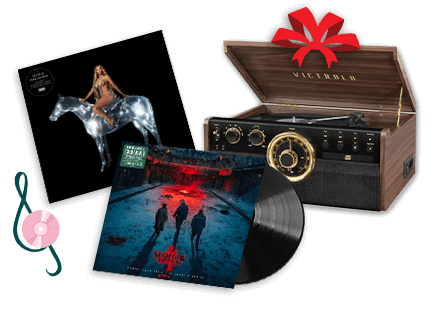 Featured vinyl product including record player, Stranger Things 4, and Beyonce's new album