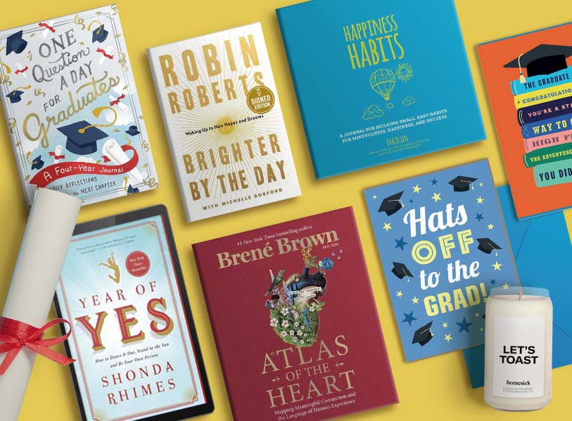 Featured titles: One Question a Day for Graduates: A Four-Year Journal : Daily Reflections for the Next Chapter;  Let's Toast Candle;  HAPPINESS HABITS;   GRAD STORIES Card;  Hats Off to the Grad Card;   Year of Yes;  Brighter by the Day Signed;   Atlas of the Heart
