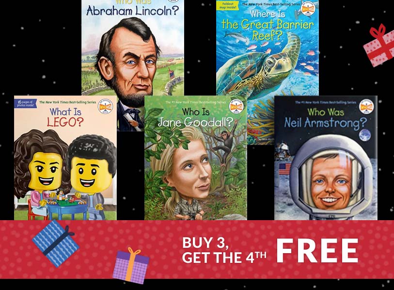 Featured titles: What Is LEGO?;  Who Is Jane Goodall?;  Where Is the Great Barrier Reef?;  Who Was Abraham Lincoln?;  Who Was Neil Armstrong?