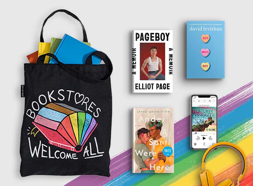Featured products: Bookstores Welcome All Tote (Exclusive);  Rainbow Readers Bookmark;  Pageboy;  YA Book Club Ander & Santi;  Boy Meets Boy;  House in the Cerulean Sea audiobook
