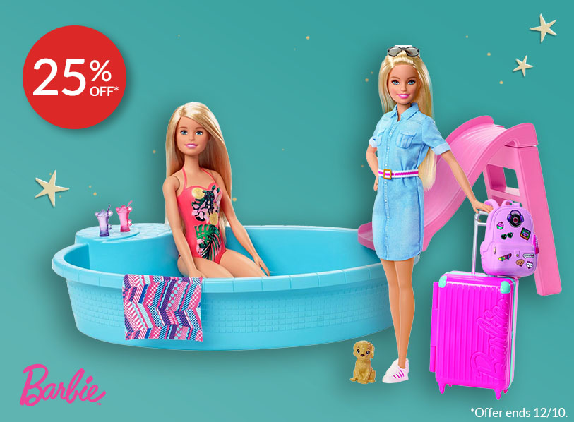 Featured products: Barbie Pool Set; Travel Barbie