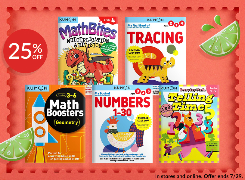 Featured titles: Kumon Math Bites: Grade 4 Multiplication and Division;   Kumon My First Book of Tracing: Revised Ed:  Kumon Math Boosters: Geometry: Grades 3-6:  My Book of Numbers 1-30:  Kumon Everyday Math: Telling Time