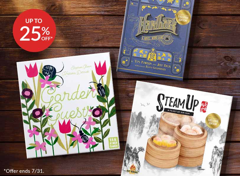 Featured games:  Garden Guests; Steam Up (exclusive); Hardback (Exclusive edition)