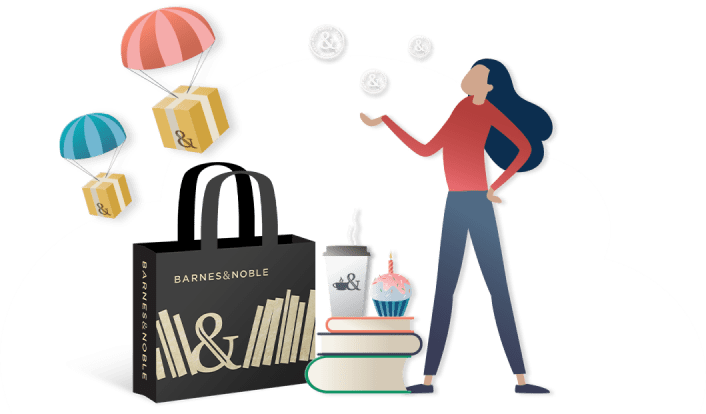 Illustration: B&N tote, books, B&N Café items, packages