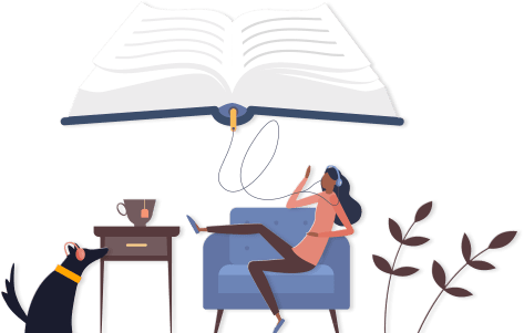 Woman relaxing in chair wearing headphones, listening to an audiobook. End table with cup of tea. Black dog watching woman wearing headhones.